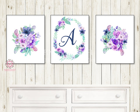 Purple Mint Navy Floral Baby Name Wall Art Print Initial Boho Nursery Baby Girl Room Set Lot Watercolor Personalized Prints Printable Decor