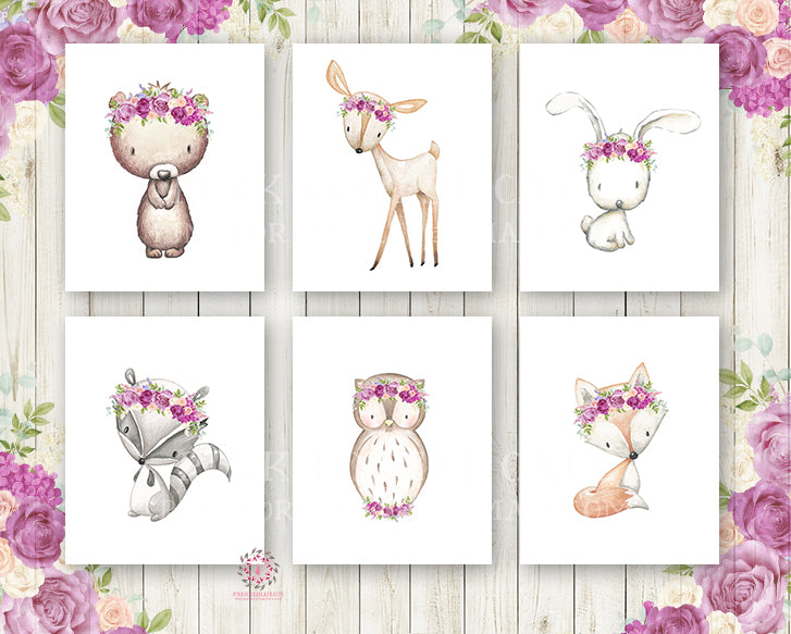 Bunny Bear Deer Fox Woodland Boho Bohemian Purple Cream Blush Floral Nursery Baby Girl Room Lot Set 6 Prints Printable Print Wall Art Home Decor