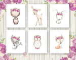 Bunny Bear Deer Fox Woodland Boho Bohemian Purple Cream Blush Floral Nursery Baby Girl Room Lot Set 6 Prints Printable Print Wall Art Home Decor