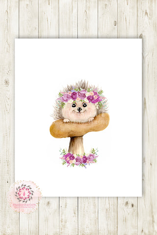 Purple Boho Hedgehog Woodland Wall Art Print Nursery Baby Girl Bohemian Floral Printable Room Decor