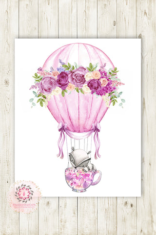 Purple Boho Raccoon Hot Air Balloon Woodland Wall Art Print Floral Tea Party Cup Nursery Baby Girl Shabby Chic Room Printable Bohemian Decor