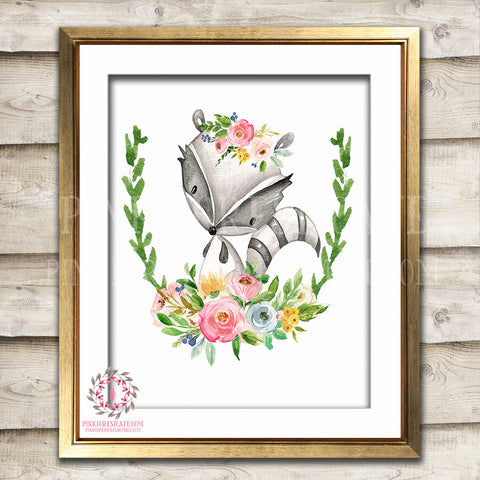 Raccoon Watercolor Woodland Boho Bohemian Floral Nursery Baby Girl Room Printable Print Wall Art Home Decor