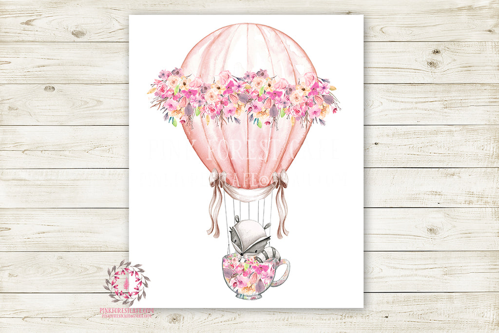 Boho Raccoon Hot Air Balloon Woodland Wall Art Print Floral Tea Party Cup Nursery Baby Girl Shabby Chic Room Printable Bohemian Decor