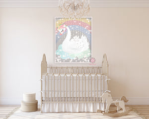 Rainbow Swan Baby Girl Nursery Wall Art Print Ethereal Whimsical Bohemian Floral Printable Decor