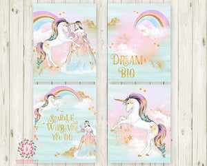 Set of 4 Unicorn Prints Unicorn Wall Art Set Girls Nursery Decor