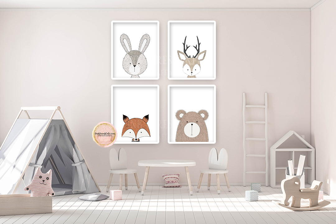 SALE 4 Woodland Bear Deer Bunny Fox Wall Art Print Woodland Nursery Baby Room Set Prints Printable Decor