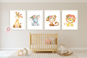 4 Boho Elephant Giraffe Lion Monkey Wall Art Print Nursery Ethereal Whimsical Zoo Safari Animal Set Lot Prints Printable Decor