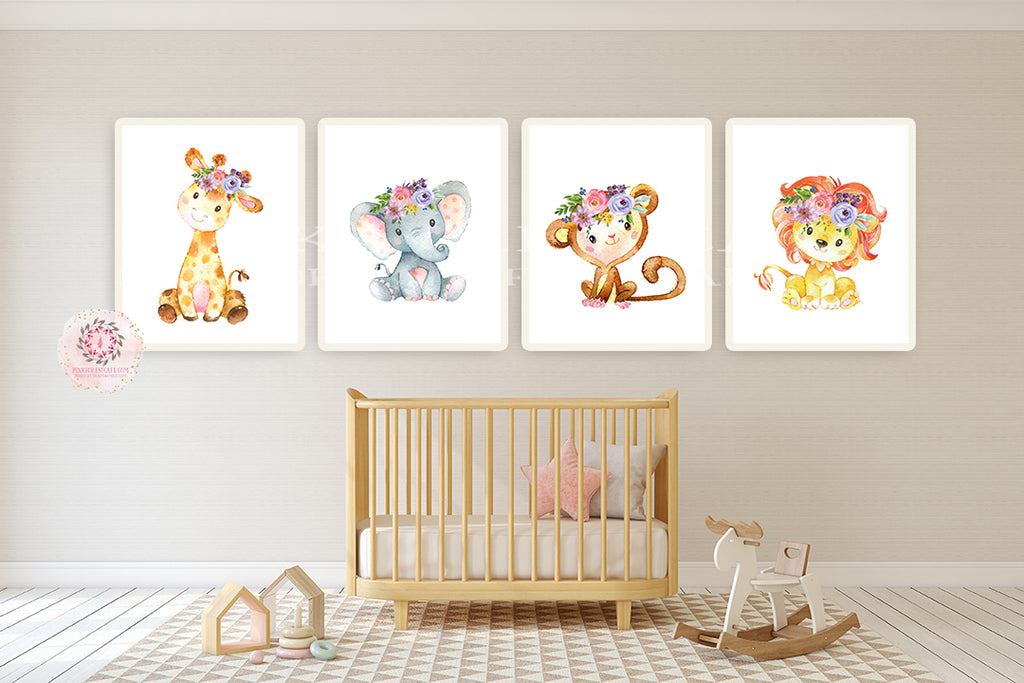 4 Purple Boho Elephant Giraffe Lion Monkey Wall Art Print Nursery Ethereal Whimsical Zoo Safari Animal Set Lot Prints Printable Decor