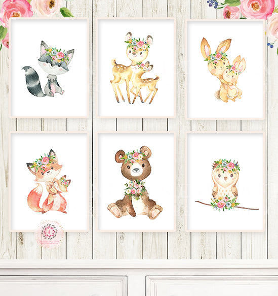 6 Boho Bear Deer Bunny Baby Girl Nursery Wall Art Printable Print Ethereal Watercolor Whimsical Owl Raccoon Fox Floral Woodland Animal Decor