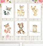 6 Boho Bear Deer Bunny Baby Girl Nursery Wall Art Printable Print Ethereal Watercolor Whimsical Owl Raccoon Fox Floral Woodland Animal Decor