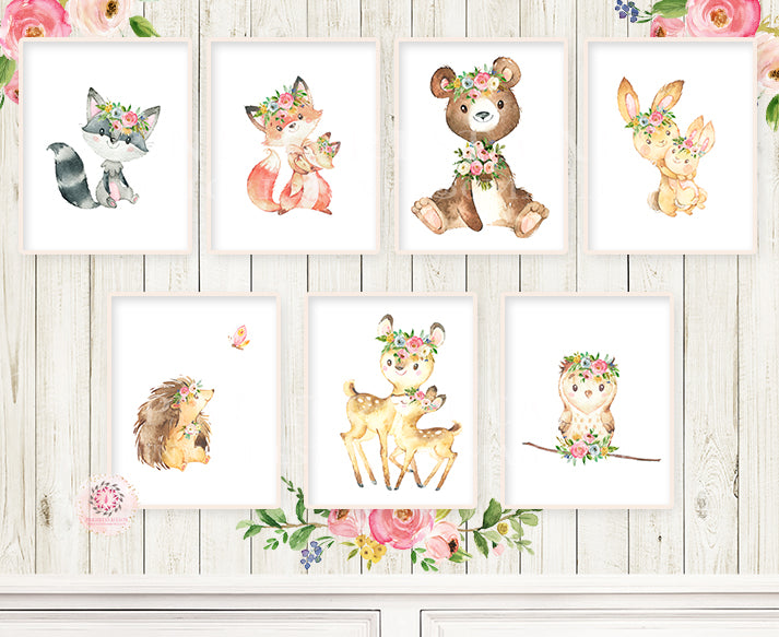 7 Boho Bear Deer Bunny Baby Girl Nursery Wall Art Print Ethereal Watercolor Whimsical Owl Raccoon Hedgehog Fox Bohemian Floral Woodland Animal Printable Decor