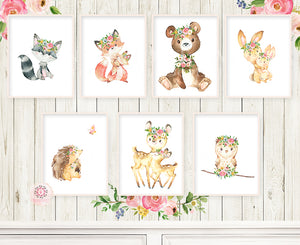 7 Boho Bear Deer Bunny Baby Girl Nursery Wall Art Print Ethereal Watercolor Whimsical Owl Raccoon Hedgehog Fox Bohemian Floral Woodland Animal Printable Decor