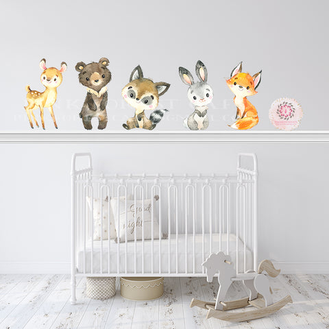 5 Woodland Animals Wall Decal Sticker Art Deer Bear Fox Raccoon Bunny Decals Decor