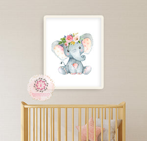 Boho Floral Elephant Wall Art Print Nursery Ethereal Whimsical Zoo Safari Animal Watercolor Printable Decor