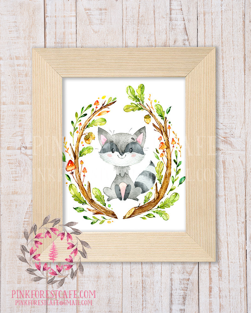 Raccoon Woodland Printable Print Wall Art Rustic Watercolor Baby Nursery Home Decor