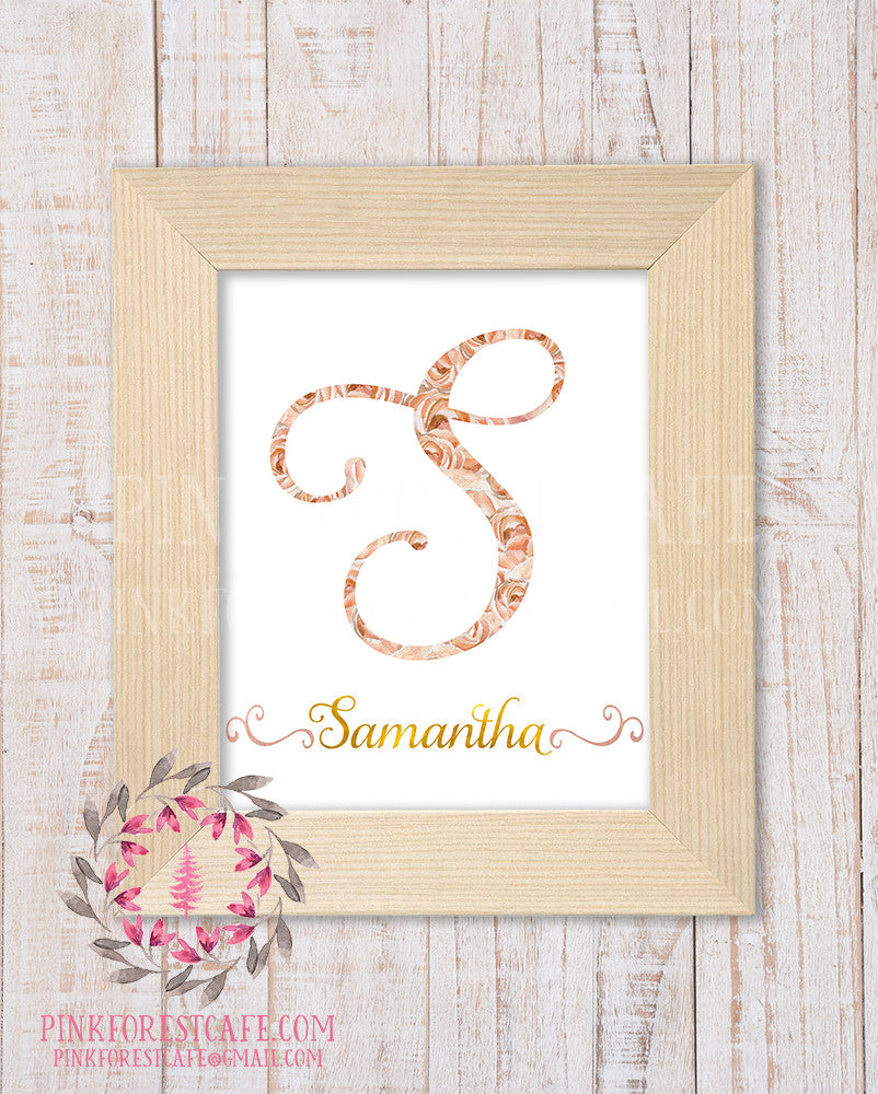 Baby Monogram Initial Personalized Watercolor Boho Floral Nursery Printable Wall Art