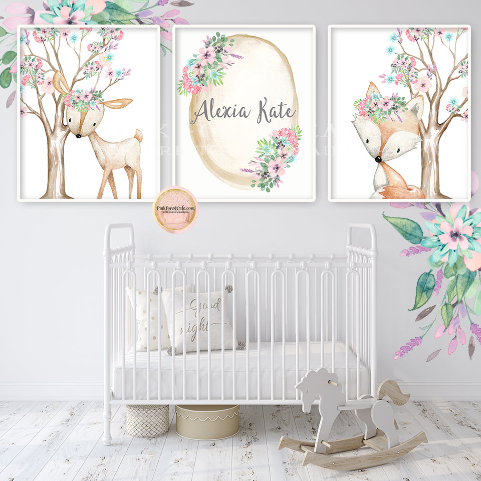 3 Boho Deer Fox Baby Name Wall Art Print Woodland Nursery Baby Girl Room Set Lot Watercolor Personalized Birth Stats Prints Printable Decor