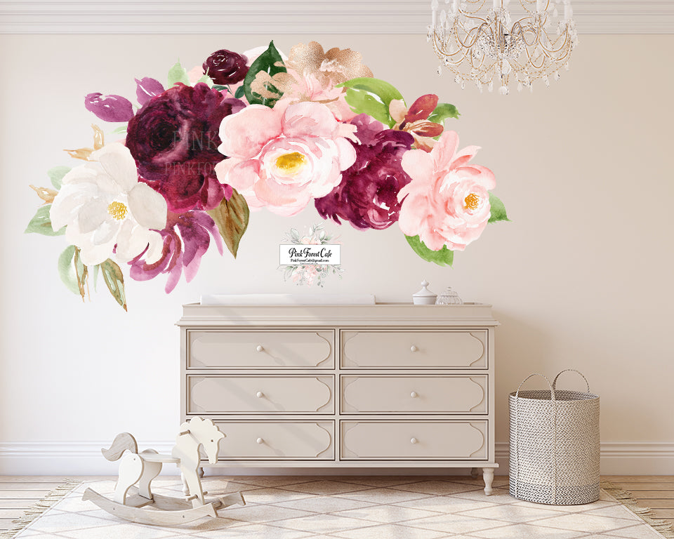 72" Peony Floral Wall Decal Flower Sticker Blush Pink Rose Burgundy Wine Flowers Boho Decor