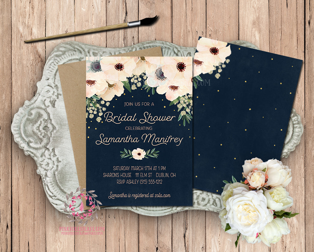 Anemone Navy Blush Gold Invite Invitation Bridal Baby Shower 2 Sided Chalkboard Greenery Floral Watercolor Save The Date Wedding Announcement Printable