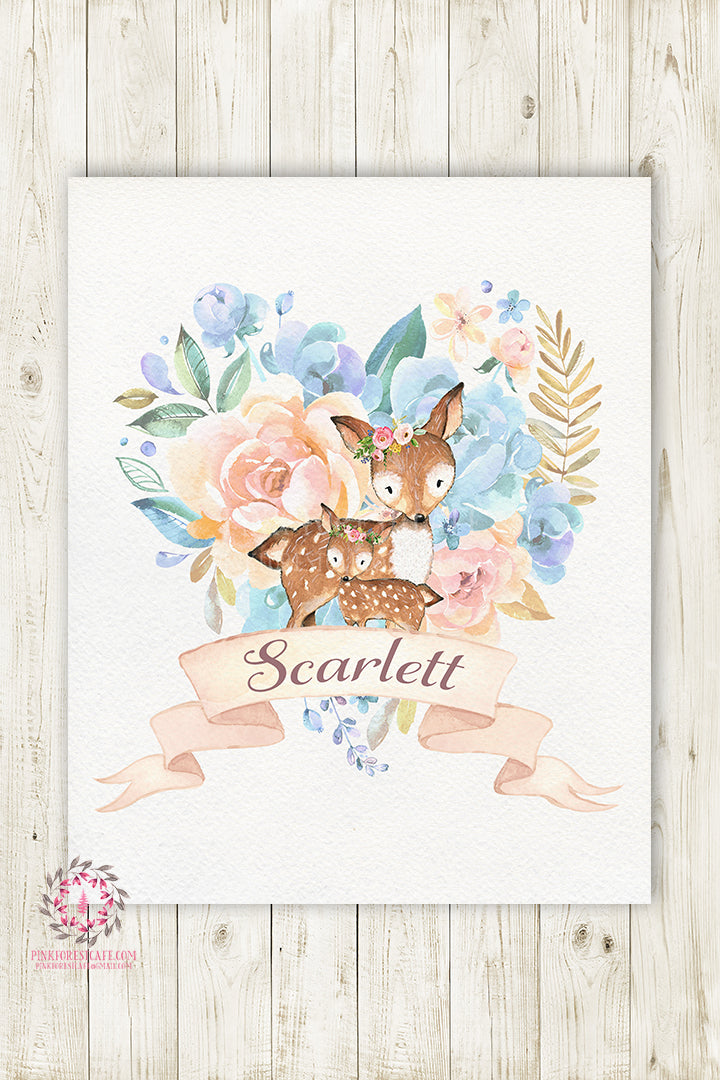 Deer Fawn Woodland Boho Wall Art Print Baby Girl Name Nursery Personalized Bohemian Floral Printable Decor