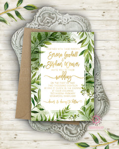 Greenery Wedding Ethereal Gold Invite Invitation Bridal Shower Save The Date Watercolor Leaves Printable Announcement