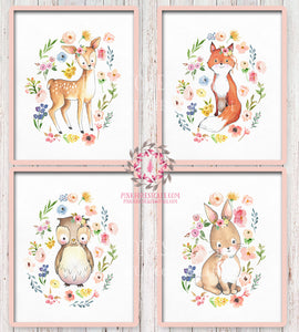 4 Boho Bunny Rabbit Fox Owl Deer Wall Art Print Watercolor Bohemian Woodland Blush Floral Nursery Baby Girl Room Printable Decor