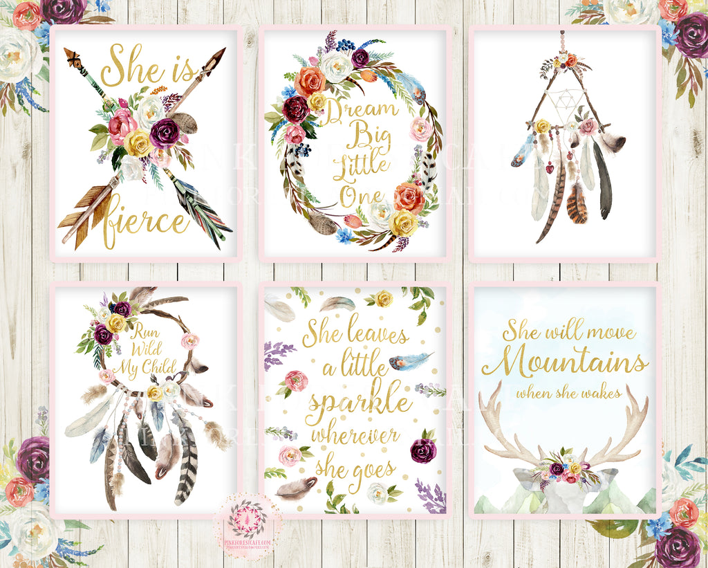 6 She is Fierce She Will Move Mountains Wall Art Print Boho Bohemian Watercolor Purple Pink Gold Floral Nursery Baby Girl Room Set Lot 6 Prints Printable Decor