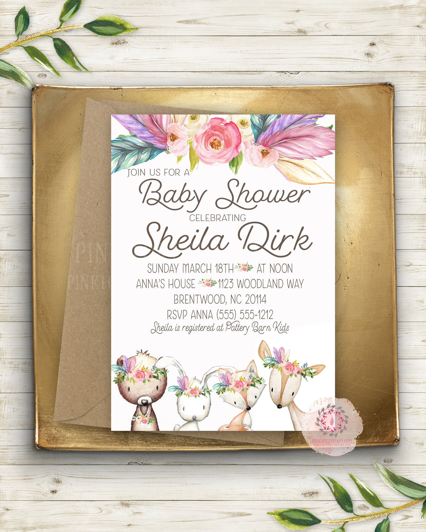 Woodland Deer Bear Bunny Fox Invite Invitation Baby Shower Feathers Rainbow Boho Floral Watercolor Birth Announcement Printable