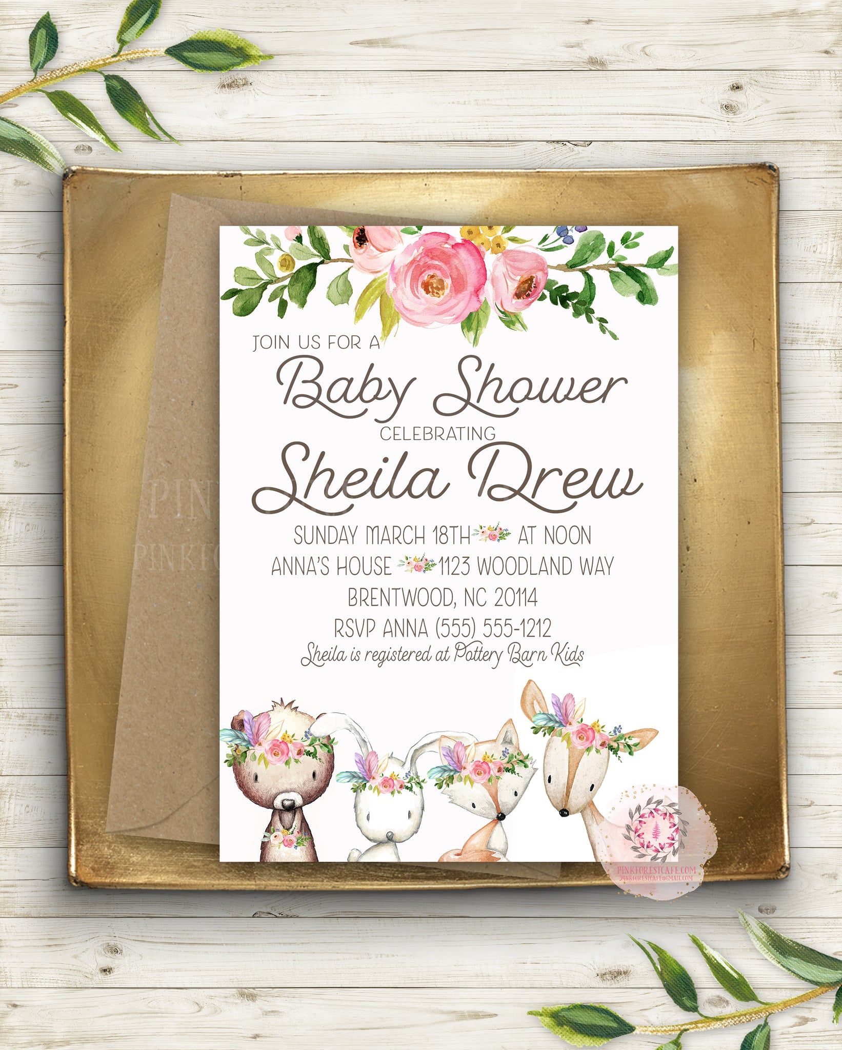 Woodland Deer Bear Bunny Fox Invite Invitation Baby Shower Feathers Rainbow Boho Floral Watercolor Birth Announcement Printable