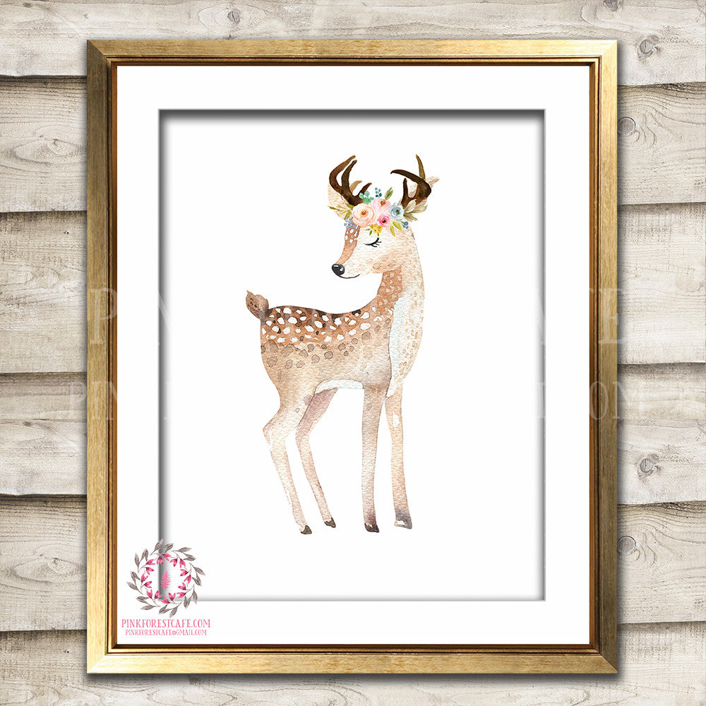 Deer Woodland Boho Print Printable Wall Art Bohemian Garden Floral Nursery Baby Girl Room Playroom Decor