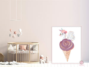 Purple Boho Swan Nursery Wall Art Print Ice Cream Cone Ethereal Gold Floral Baby Girl Whimsical Bohemian Ethereal Printable Decor