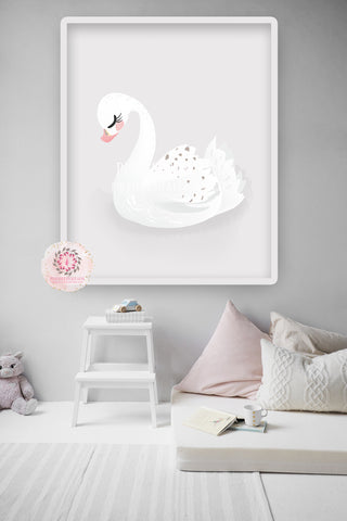 Swan Baby Girl Nursery Wall Art Print Ethereal Gray Whimsical Bohemian Minimalist Printable Decor