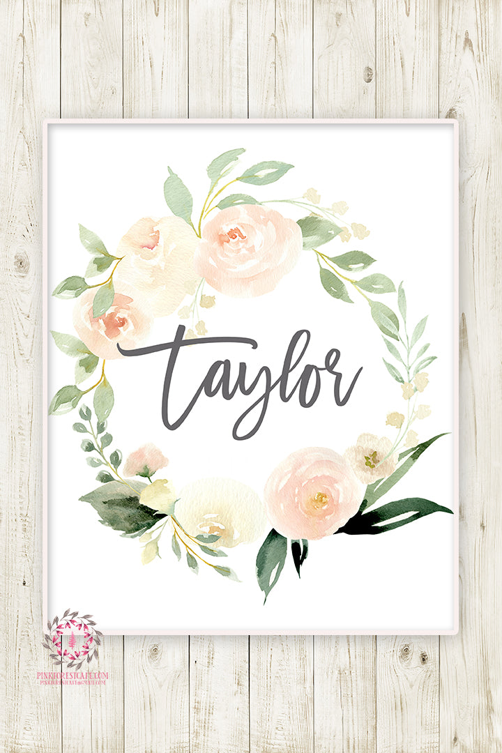 Baby Name Monogram Initial Personalized Wall Art Print Blush Cream Ivory Gift Watercolor Floral Baby Nursery Printable Decor