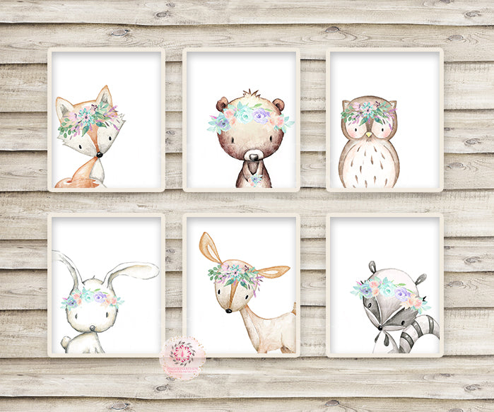 6 Deer Fox Bunny Rabbit Bear Owl Raccoon Boho Wall Art Print Woodland Purple Mint Bohemian Floral Nursery Baby Girl Room Set Lot Prints Printable Decor