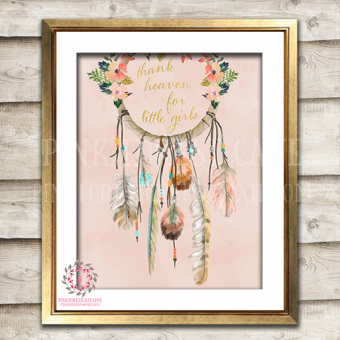 Thank Heaven For Little Girls Dreamcatcher Gold Boho Floral Blush Baby Girl Woodland Printable Wall Art Print Nursery Decor