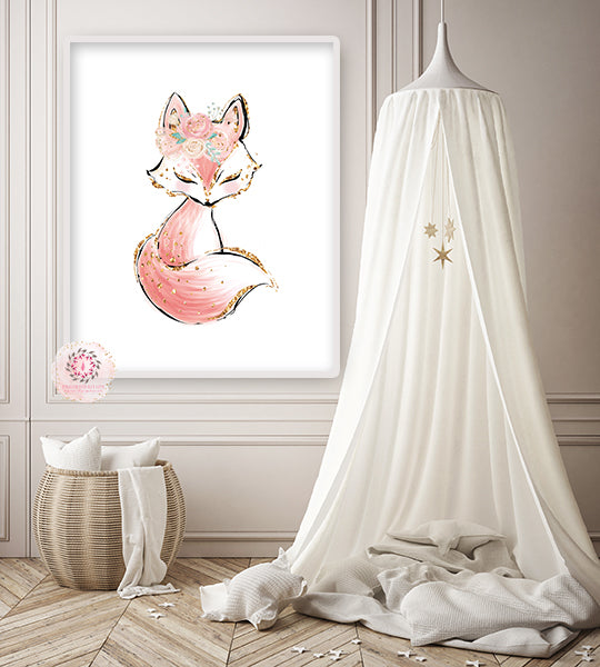 Gold Fox Woodland Wall Art Print Boho Floral Nursery Baby Girl Room Printable Decor