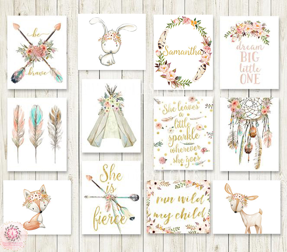 SALE 13 Boho Wall Art Prints Bunny Deer Fox She Is Fierce Nursery Baby Girl Room Set Prints 1 Personalized Bohemian Print Woodland Home Printable Decor