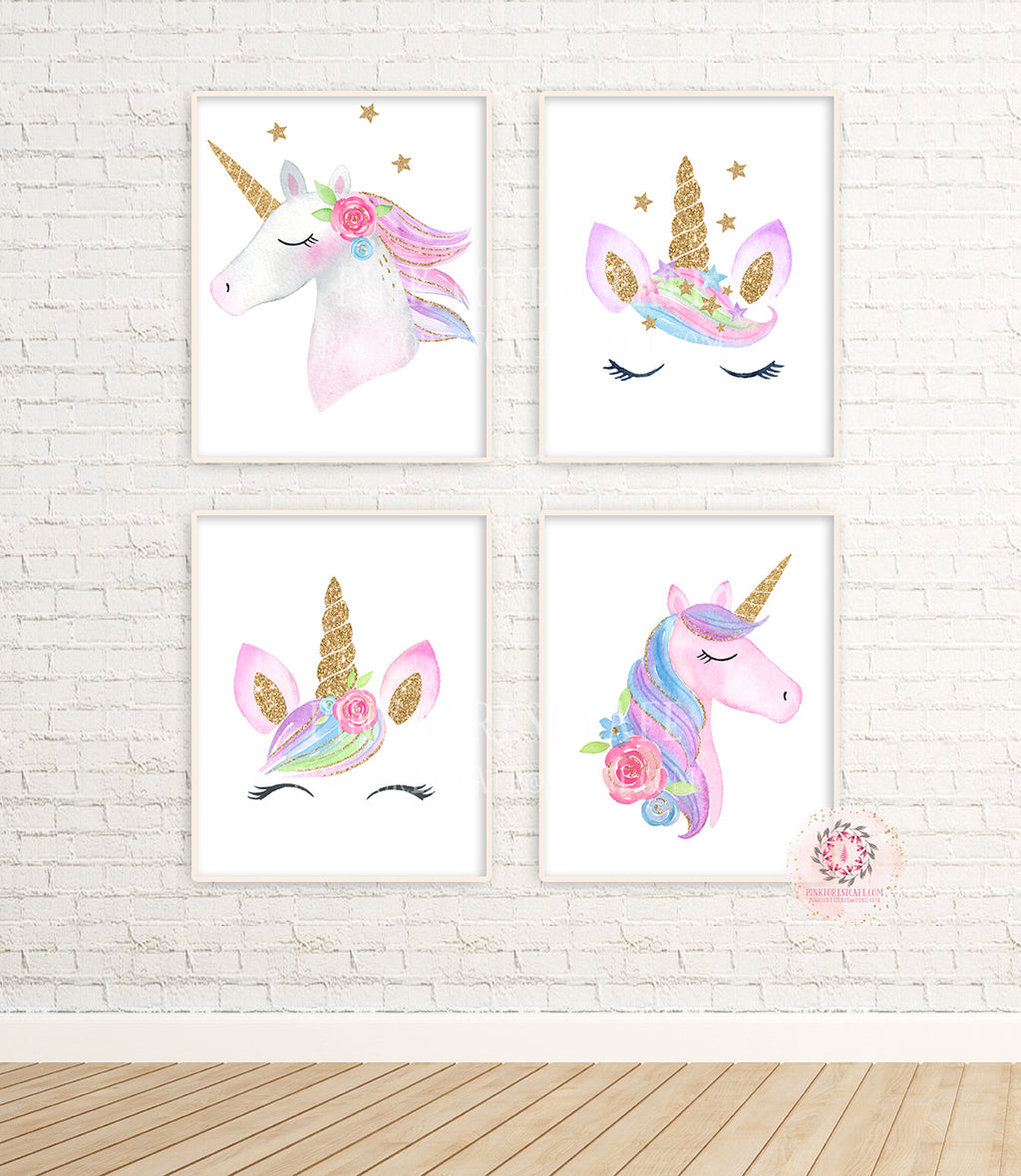 4 Boho Rainbow Unicorn Face Wall Art Print Baby Girl Nursery Ethereal Fantasy Watercolor Prints Set Lot Printable (1 FREE) Decor