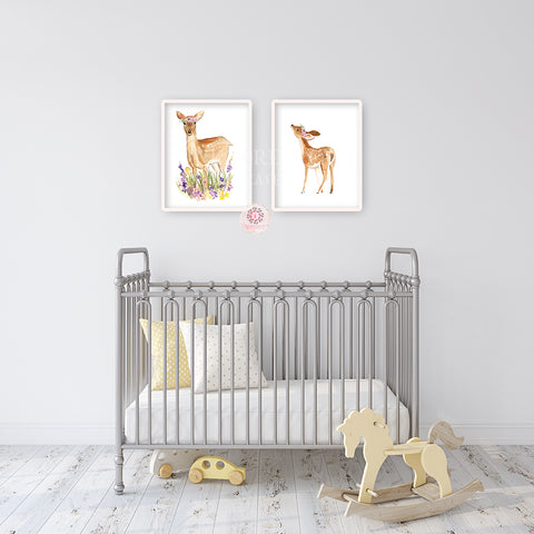 2 Deer Wall Art Print Purple Floral Woodland Boho Nursery Baby Girl Watercolor Printable Decor