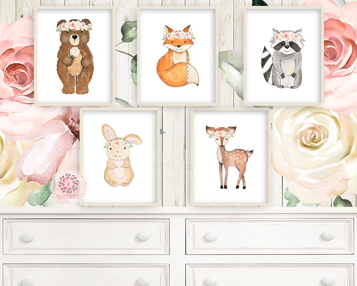 SALE 5 Bear Deer Fox Bunny Rabbit Raccoon Wall Art Print Woodland Boho Bohemian Floral Nursery Baby Girl Room Set Lot Prints Printable Decor