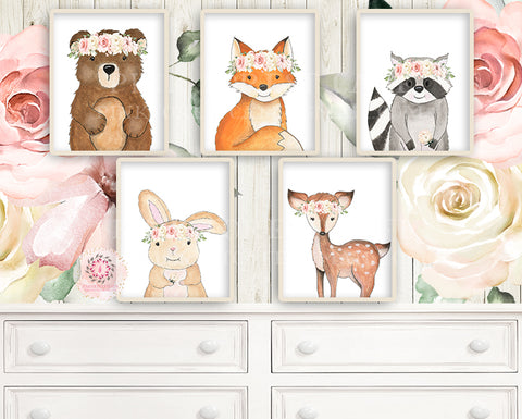 SALE 5 Bear Deer Fox Bunny Rabbit Raccoon Wall Art Print Woodland Boho Bohemian Floral Nursery Baby Girl Room Set Lot Prints Printable Decor