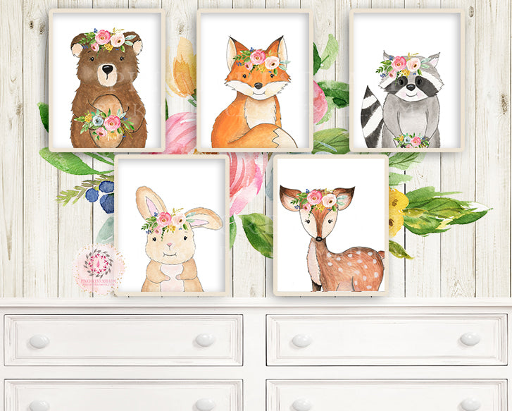 SALE 5 Bear Deer Fox Bunny Rabbit Raccoon Wall Art Print Woodland Boho Bohemian Floral Nursery Baby Girl Room Set Lot Prints Printable Decor