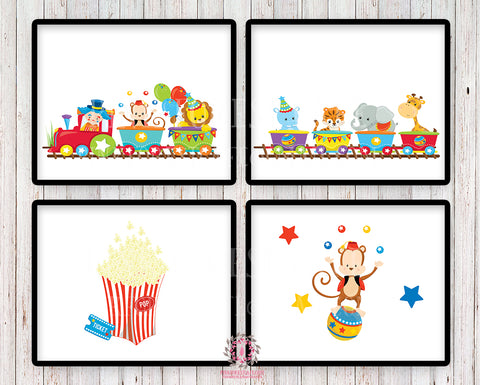 SALE 4 Circus Train Monkey Elephant Zoo Animals Wall Art Print Scandinavian Clown Nursery Baby Room Set Lot Prints Printable Decor