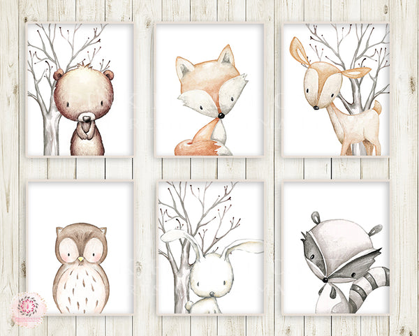 SALE 6 Deer Fox Bunny Rabbit Bear Owl Raccoon Wall Art Print Woodland Nursery Baby Room Set Lot Prints Printable Decor