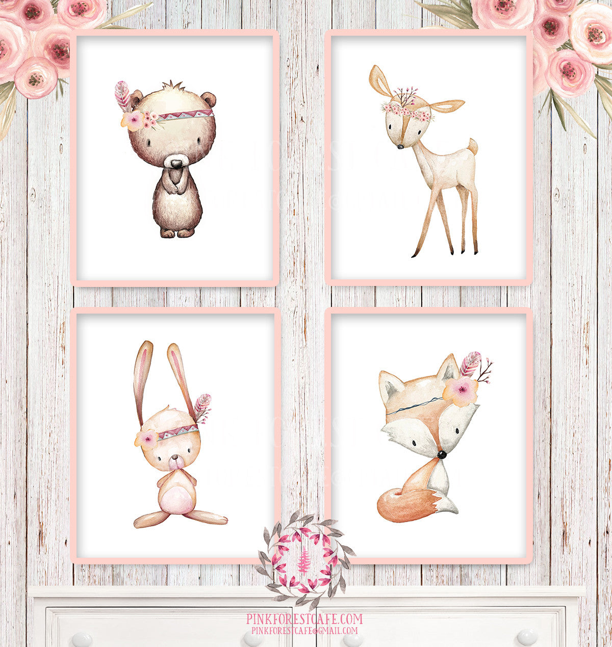 4 Deer Fox Bunny Rabbit Bear Tribal Printable Print Wall Art Woodland Boho Bohemian Floral Nursery Baby Girl Room Set Lot Prints Home Decor