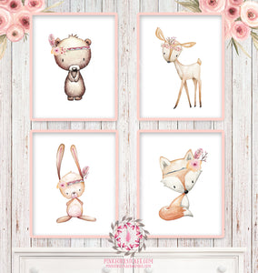 4 Deer Fox Bunny Rabbit Bear Tribal Printable Print Wall Art Woodland Boho Bohemian Floral Nursery Baby Girl Room Set Lot Prints Home Decor