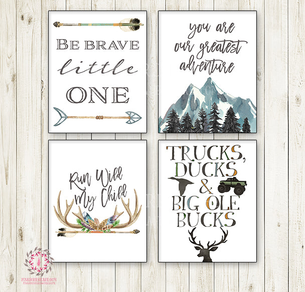 Lot of 4 Woodland Boy Wall Art Prints Boho Nursery Baby Room Run Wild My Child Arrow Set Prints Bohemian Print Printable Home Decor