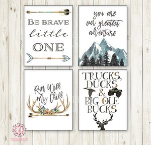 Lot of 4 Woodland Boy Wall Art Prints Boho Nursery Baby Room Run Wild My Child Arrow Set Prints Bohemian Print Printable Home Decor