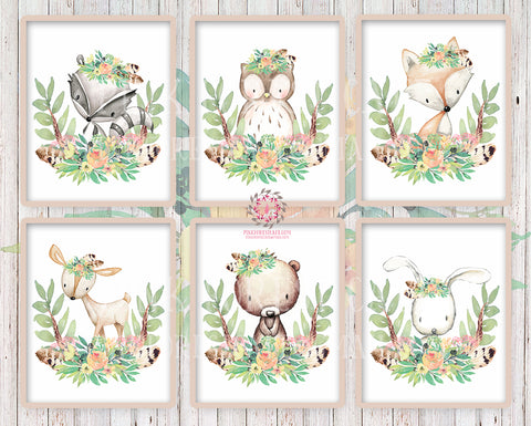 Deer Fox Bunny Rabbit Bear Owl Raccoon Boho Woodland Feather Printable Print Wall Art Bohemian Floral Blush Tuscan Nursery Baby Girl Room Set Lot Of 6 Prints Decor