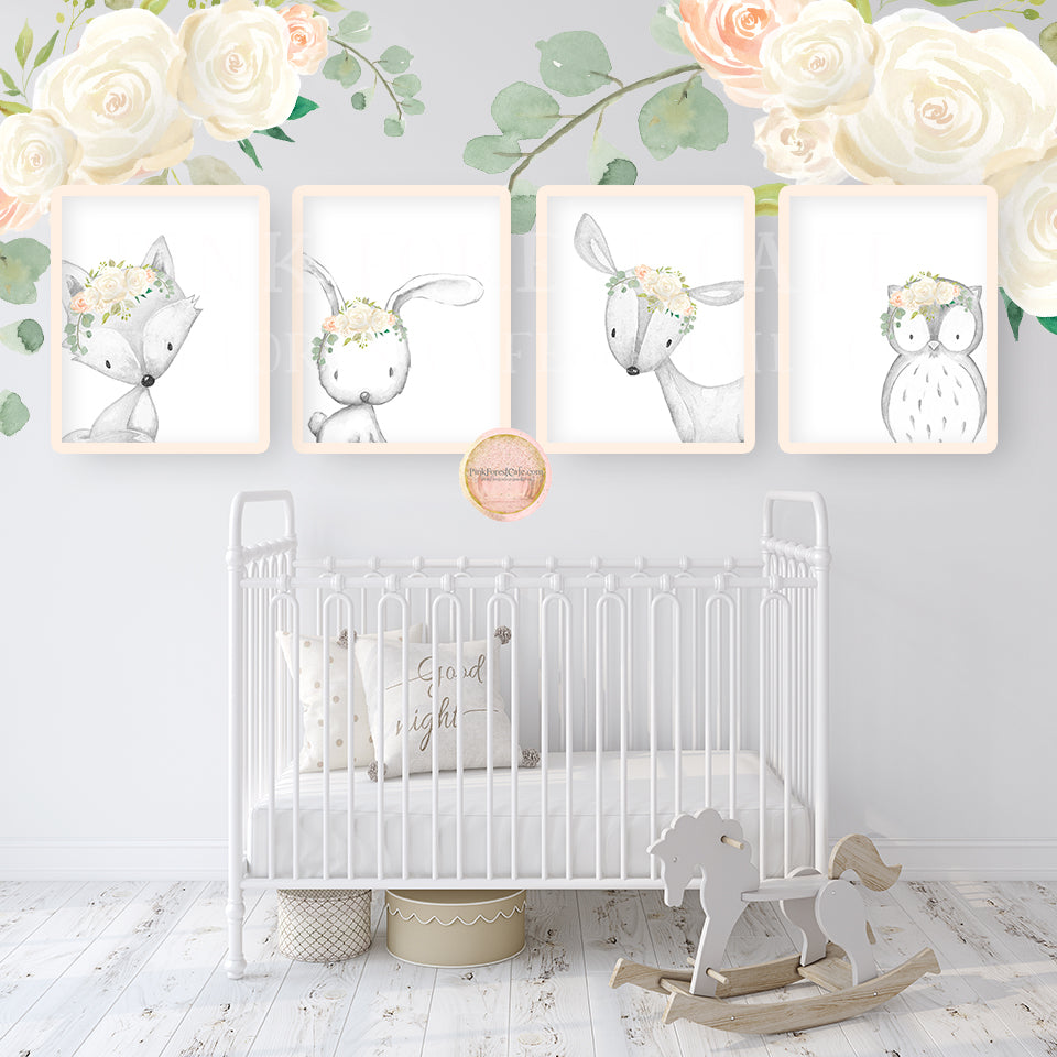 4 Deer Fox Bunny Rabbit Owl Wall Art Print Boho Woodland Cream Blush Black White Bohemian Floral Nursery Baby Girl Room Set Lot Prints Printable Decor